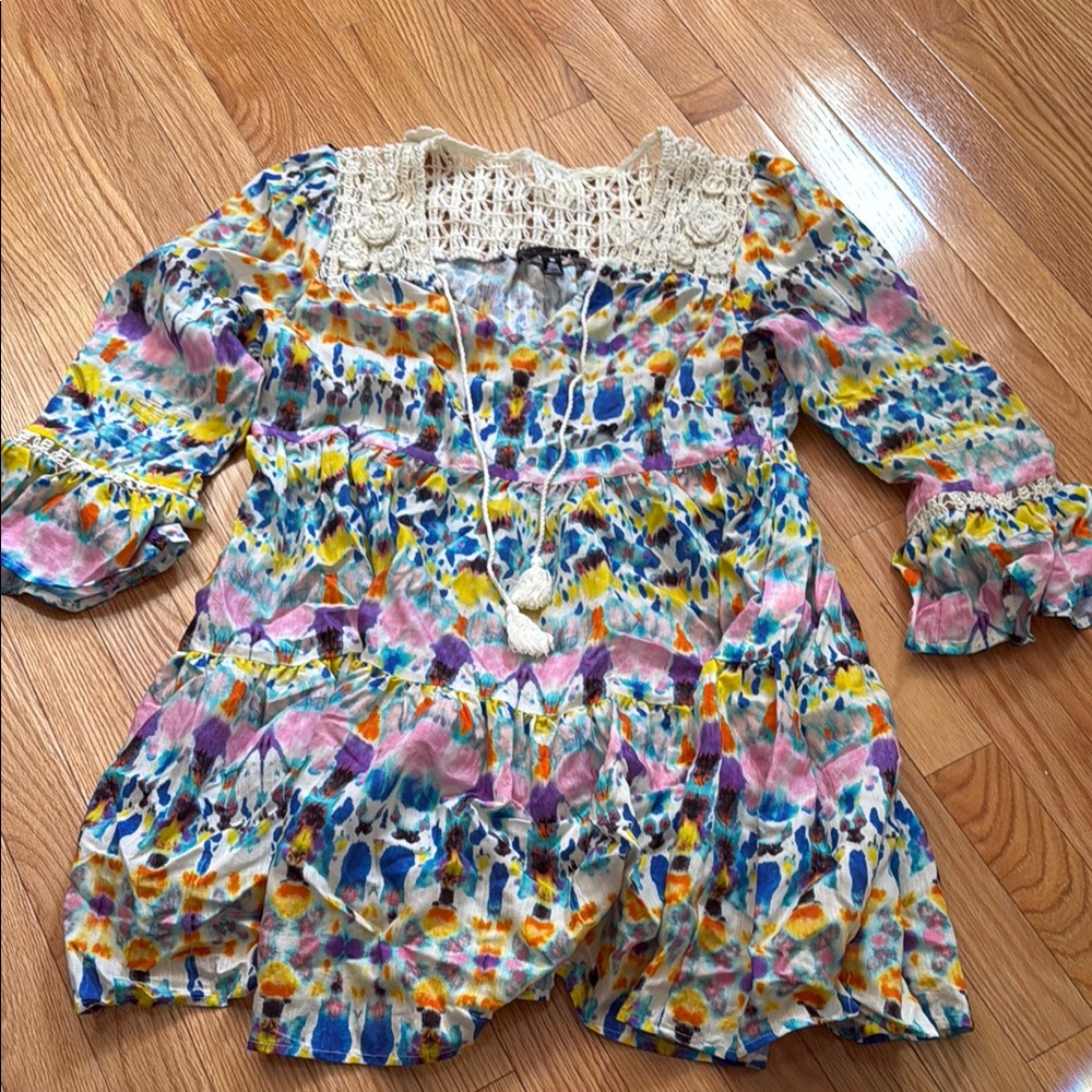 Aqua Blue and Yellow Dress with Intricate Pattern